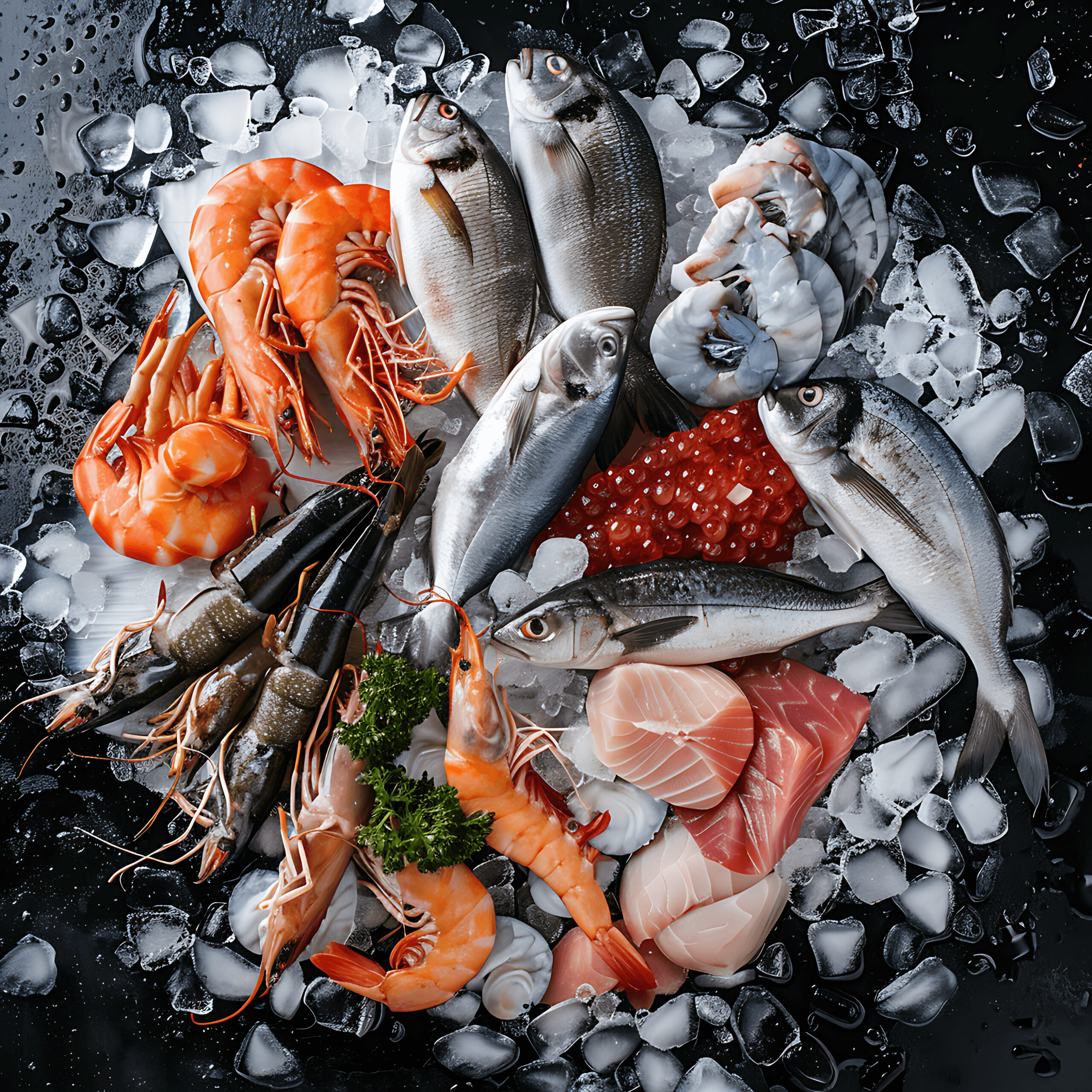 "Top View of a Variety of Fresh Fish and Seafood on..."